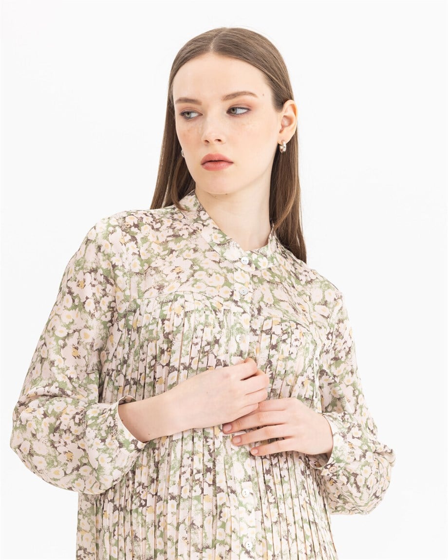 Pliseli Çiçek Desenli Tunik - Yeşil