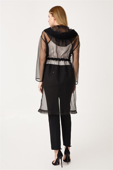 Modailgi Dantelli Organze Kapşonlu Ceket Siyah