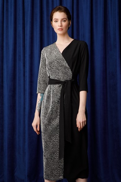 Modailgi Kruvaze Leopar Örmeli Elbıse SİYAH-GRİ