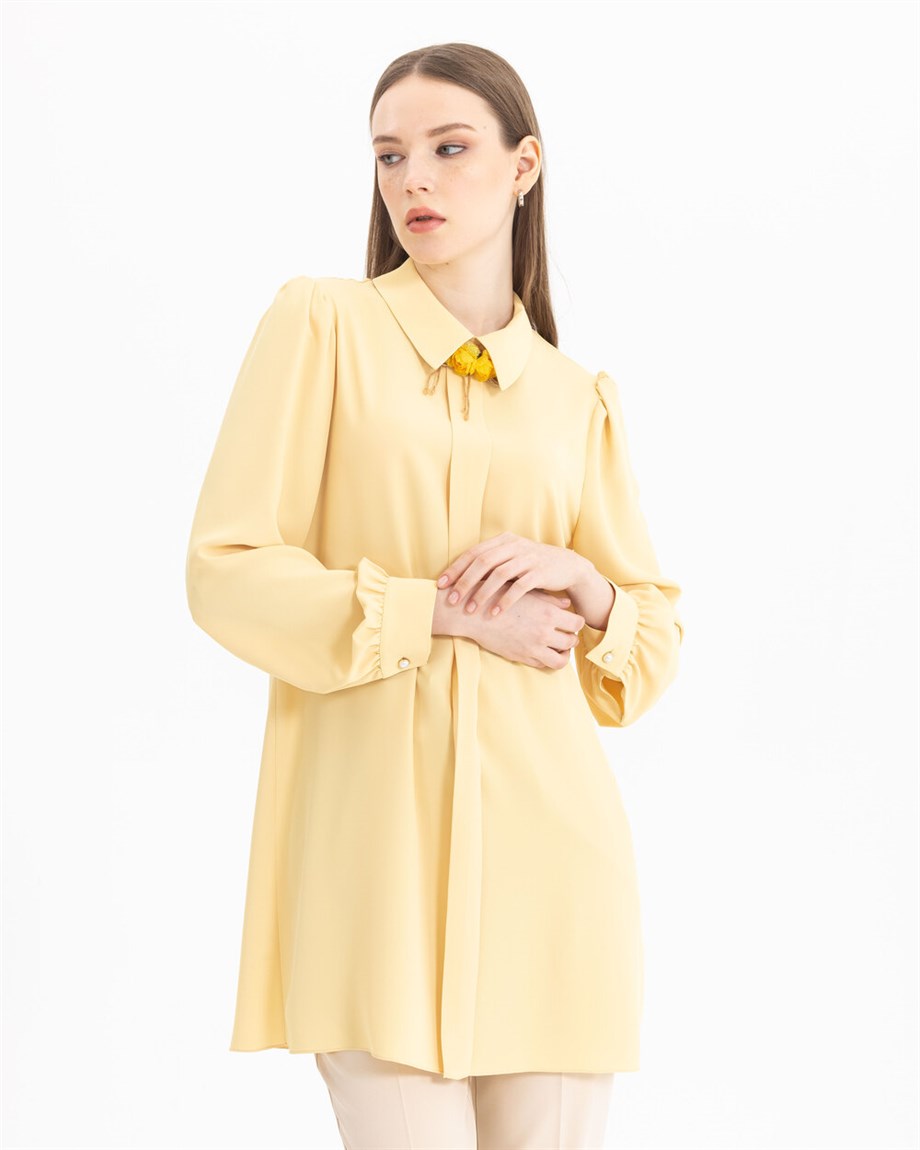 Broşlu Gömlek Tunik - Sarı