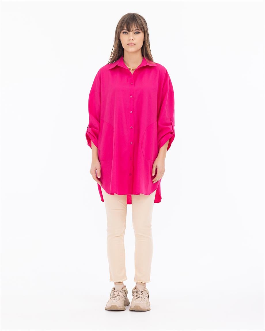 Cepli Oversize Poplin Düz Gömlek 