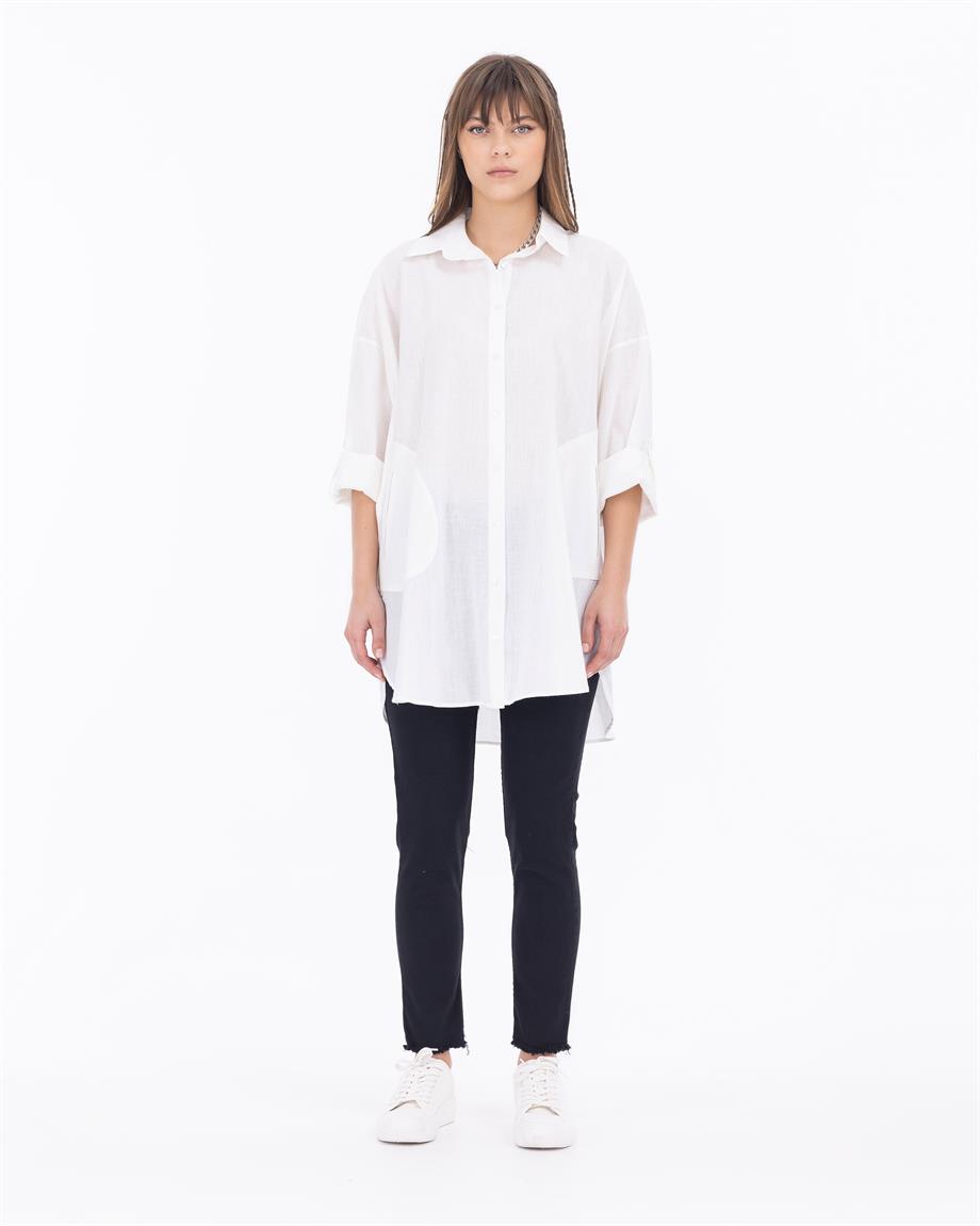 Cepli Oversize Poplin Düz Gömlek