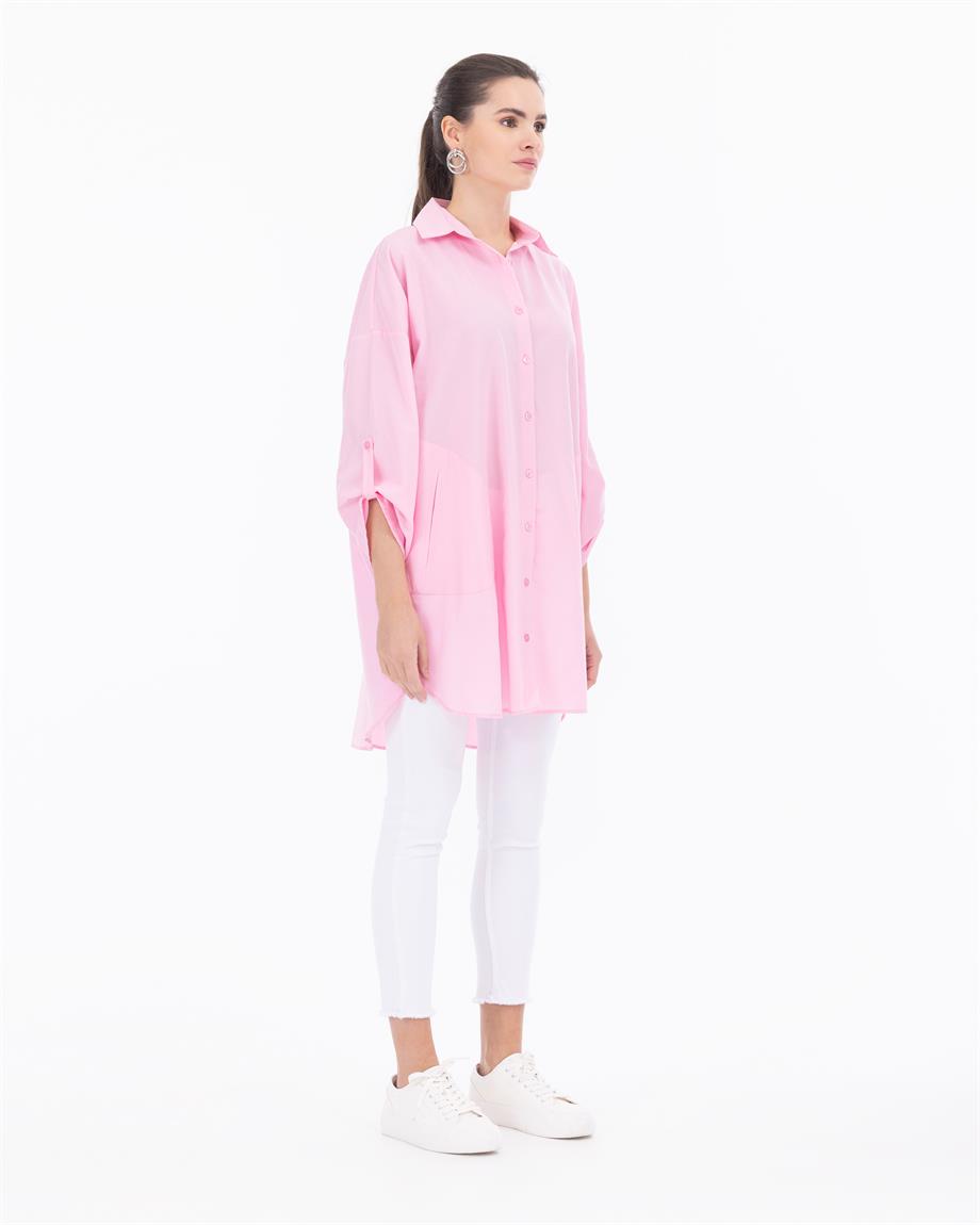 Cepli Oversize Poplin Düz Gömlek