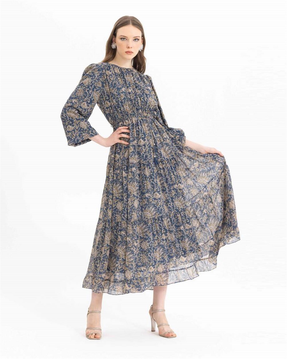 Desenli Elastik Bel Elbise - Lacivert