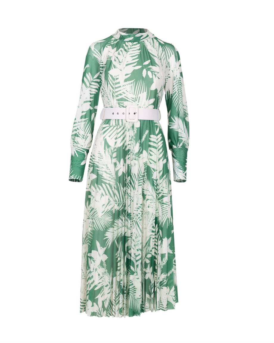 Desenli Pliseli Elbise - Yeşil