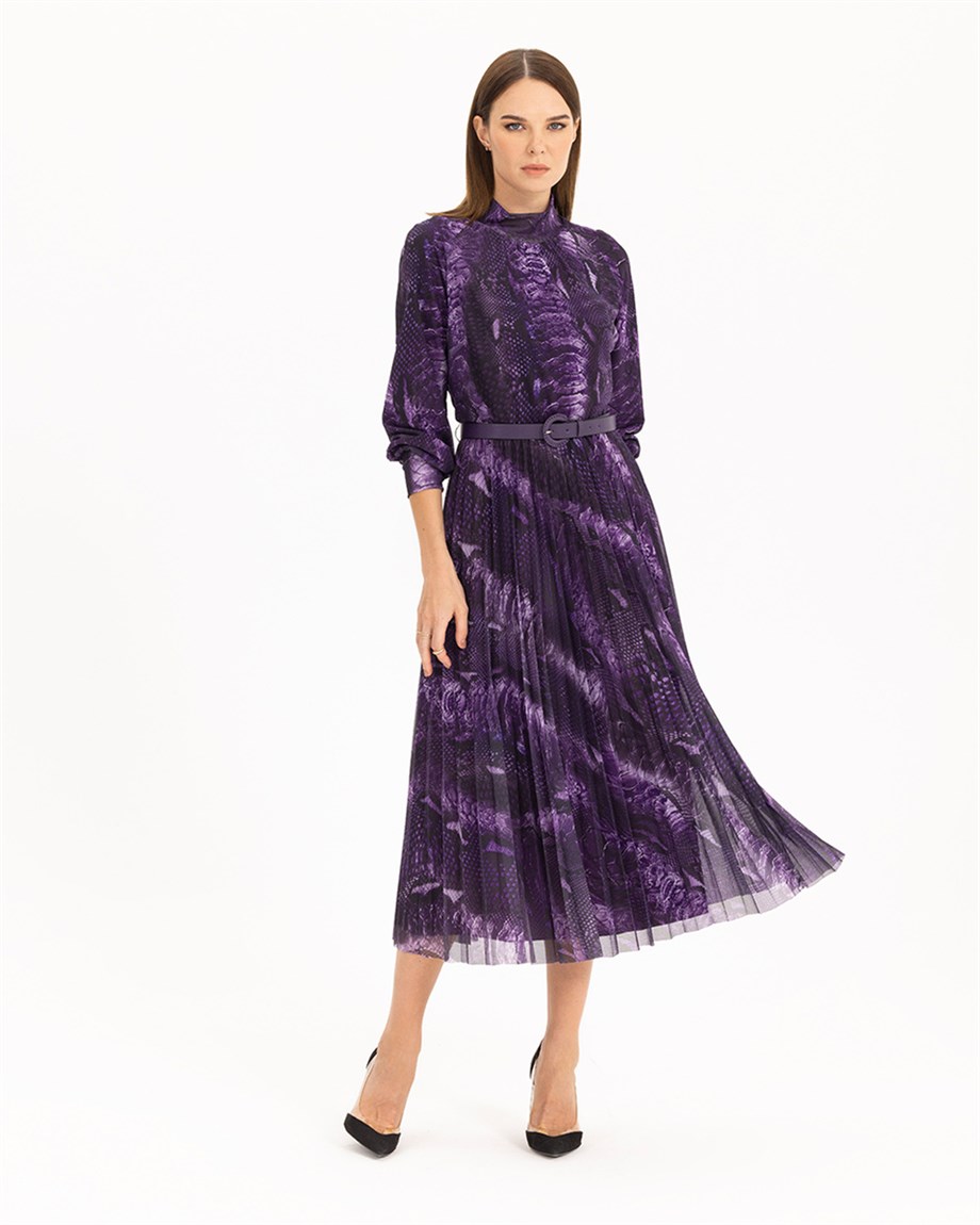 Eteği Pliseli Kemerli Elbise - Mor