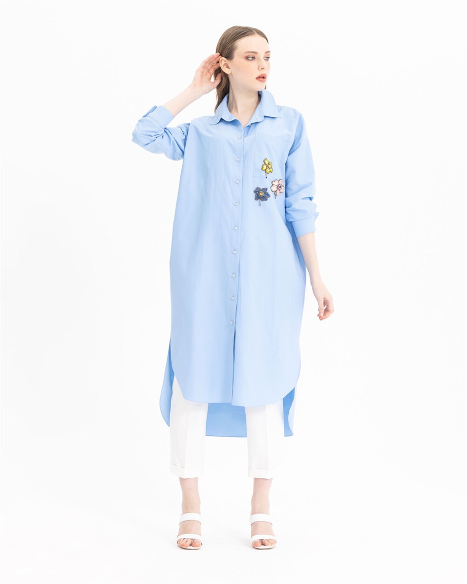 İşlemeli Gömlek Tunik - Mavi