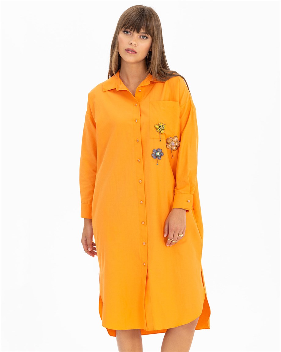 İşlemeli Gömlek Tunik - Turuncu
