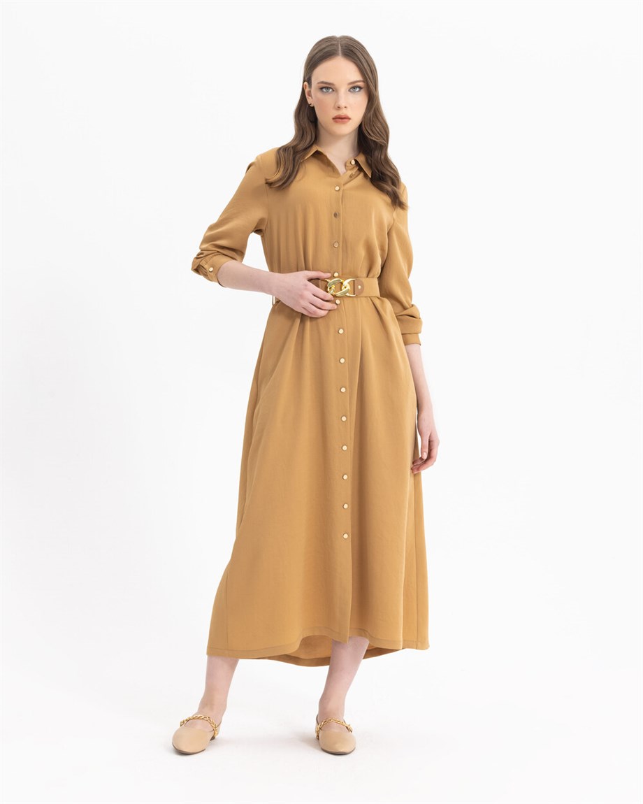 Kemerli Gömlek Elbise - Camel