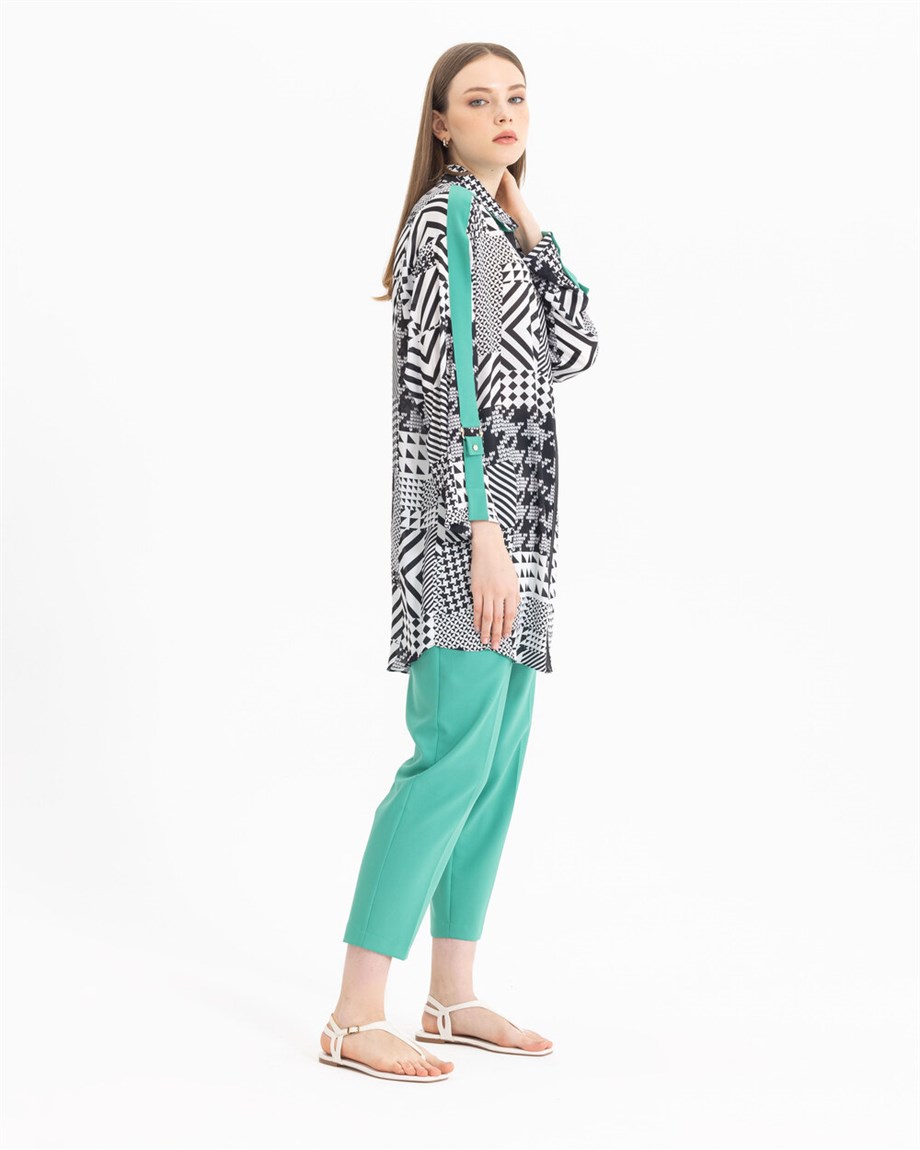 Mix Desenli Fermuarlı Tunik - Ekru