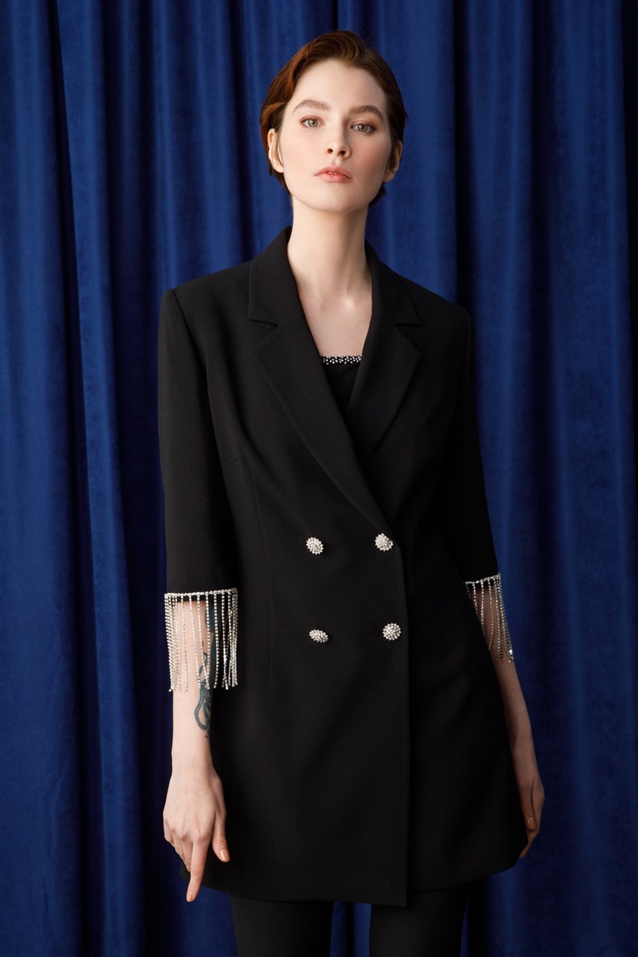 Modailgi Kolları Taşlı Şeritli Ceket Siyah