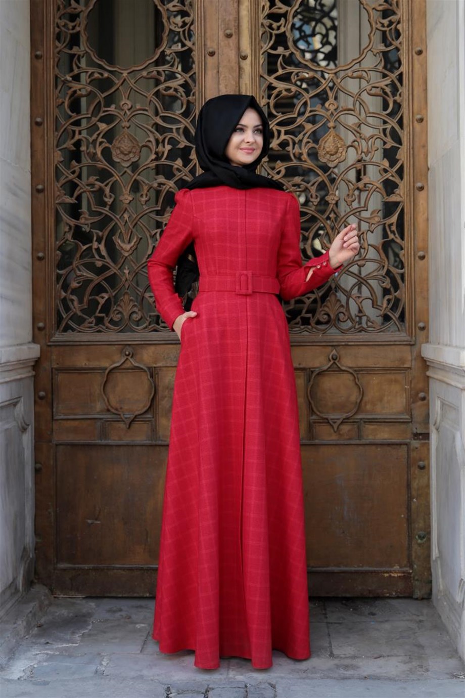 Pınar Şems Ekoseli Elbise Kırmızı