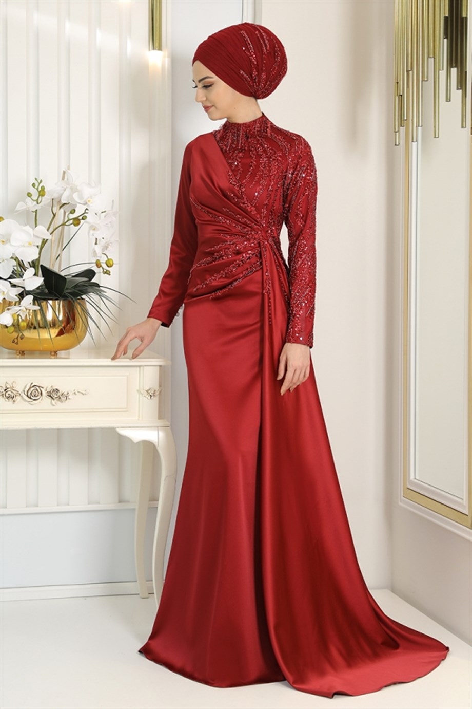 Pınar Şems Kristal Abiye Bordo