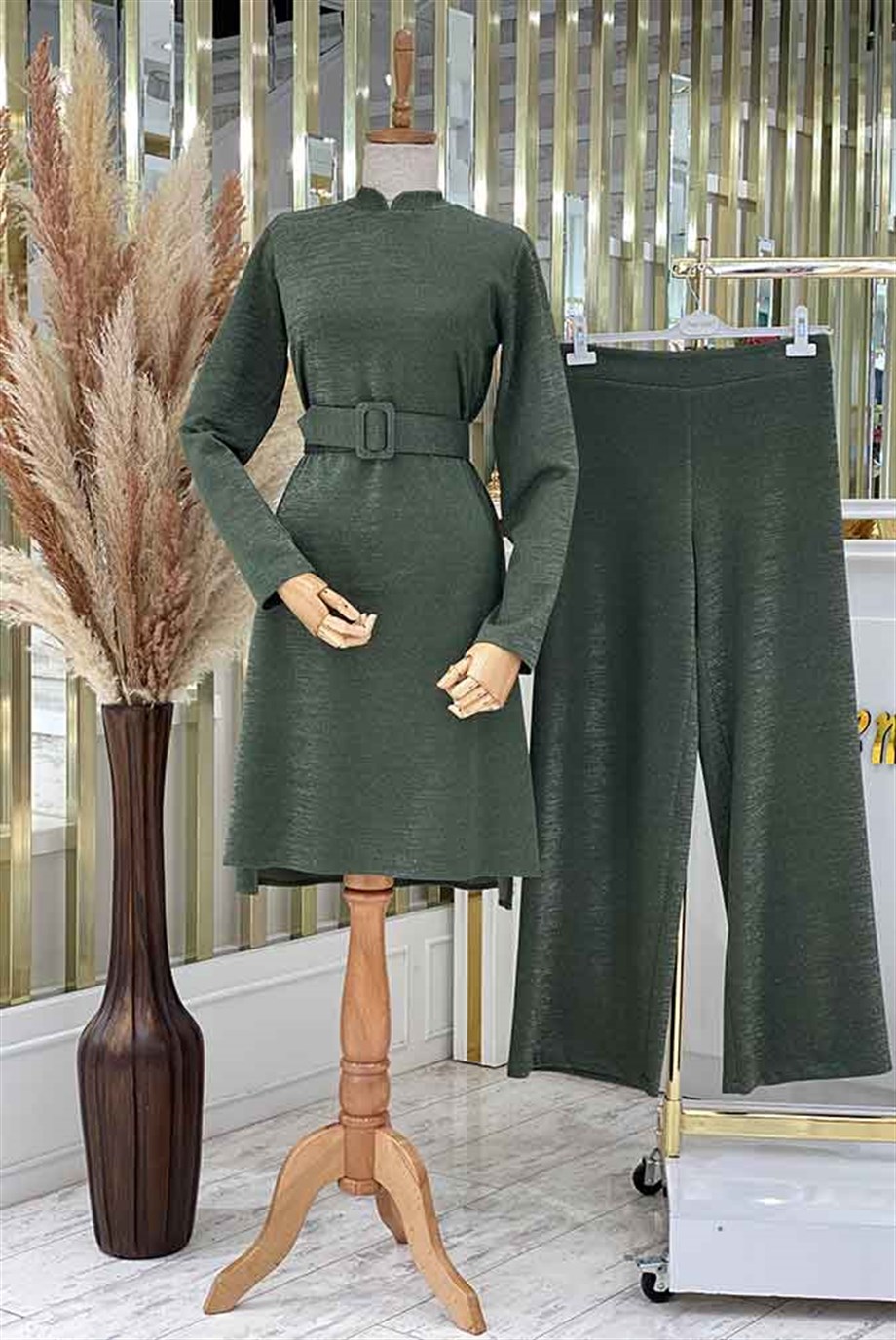 Pınar Şems Simli Pantolonlu Triko Takım Haki