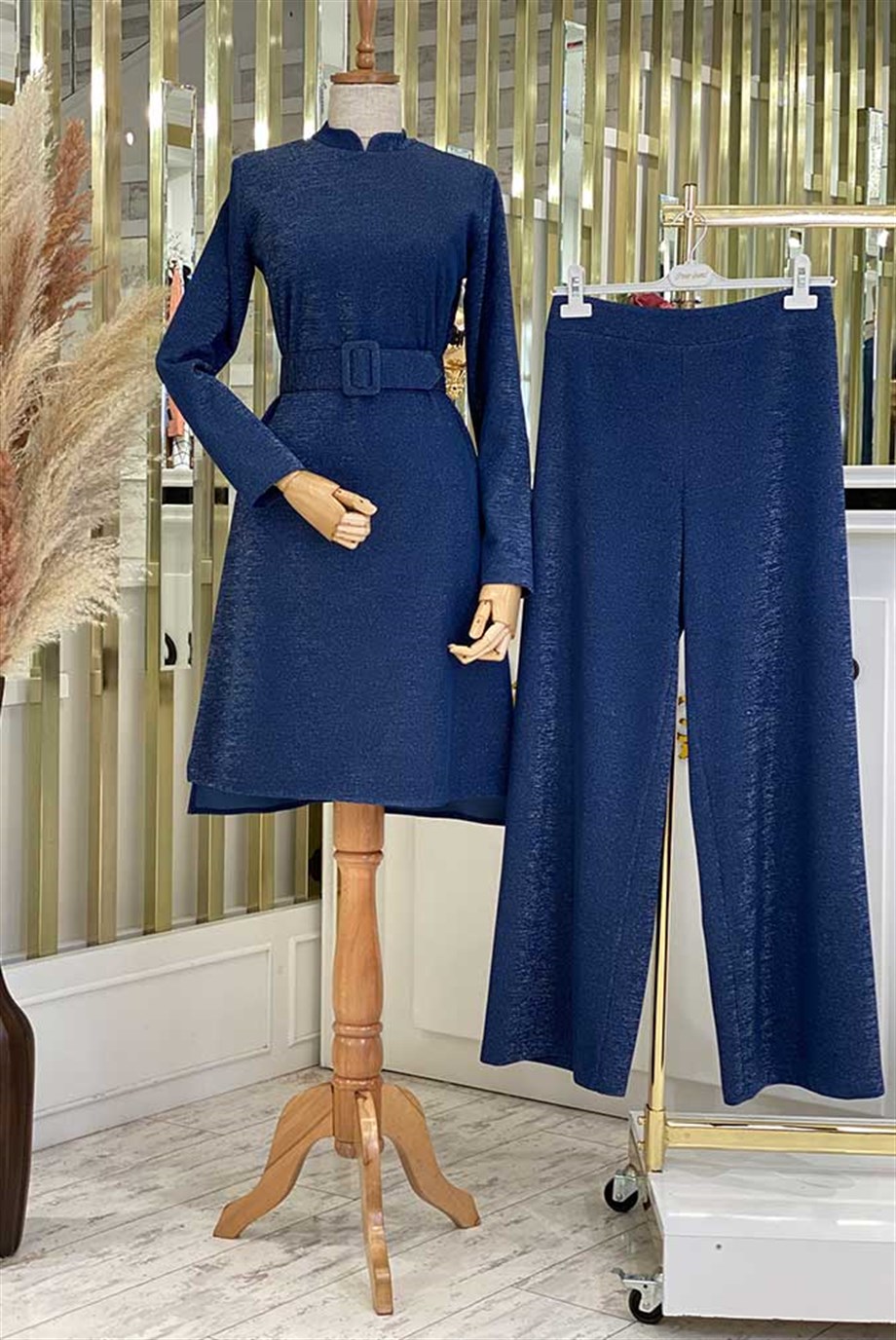 Pınar Şems Simli Pantolonlu Triko Takım İndigo