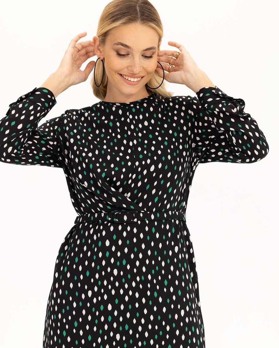 Puantiyeli Kemerli Elbise - Siyah