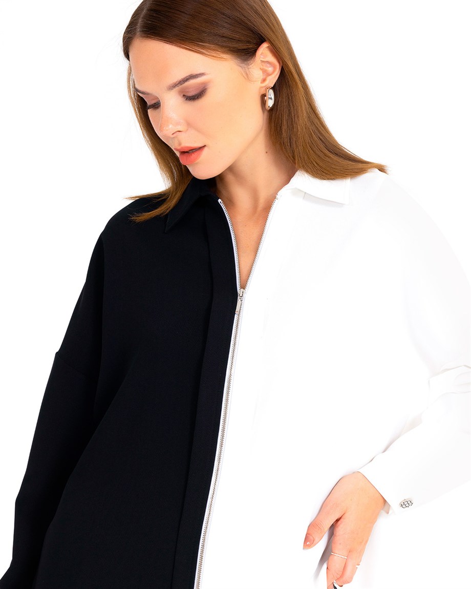 Renk Bloklu Fermuarlı Gömlek - Siyah