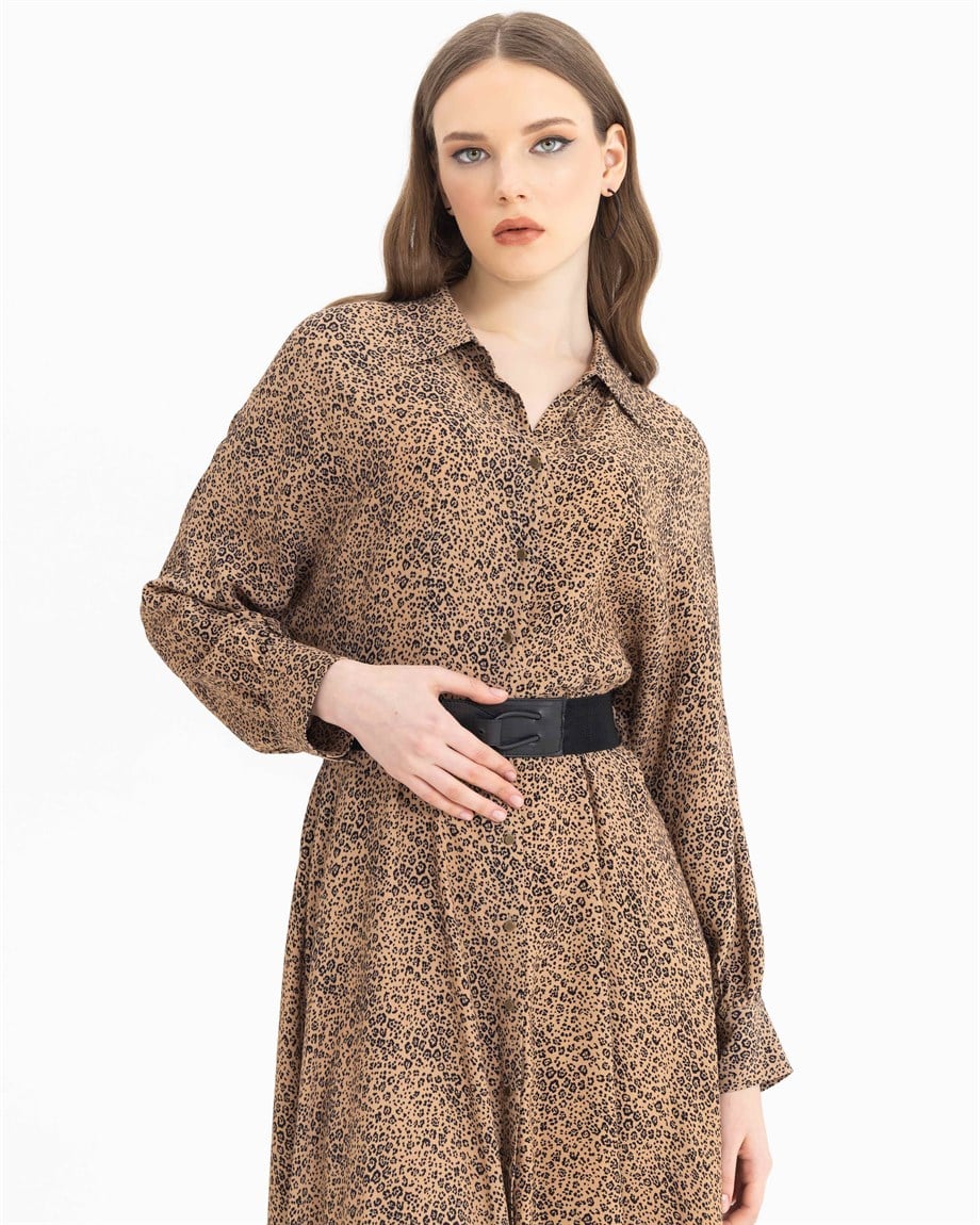 SCL LEOPAR DESENLİ KEMERLİ GÖMLEK ELBİSE - Camel