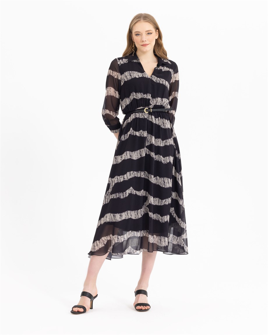 SEÇİL DESENLİ GÖMLEK YAKALI MİDİ BOY ELBİSE