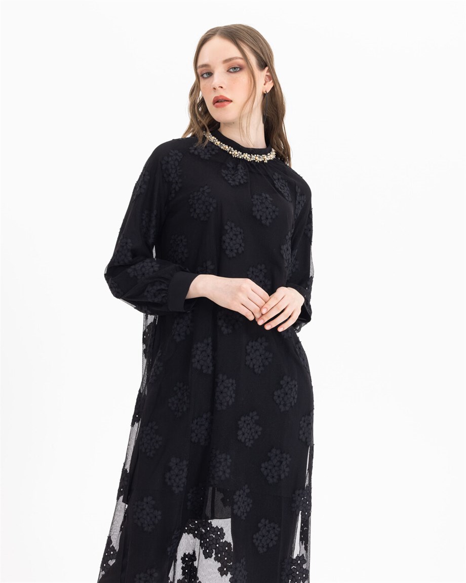 Yakası Taşlı Dantel Tunik - Siyah