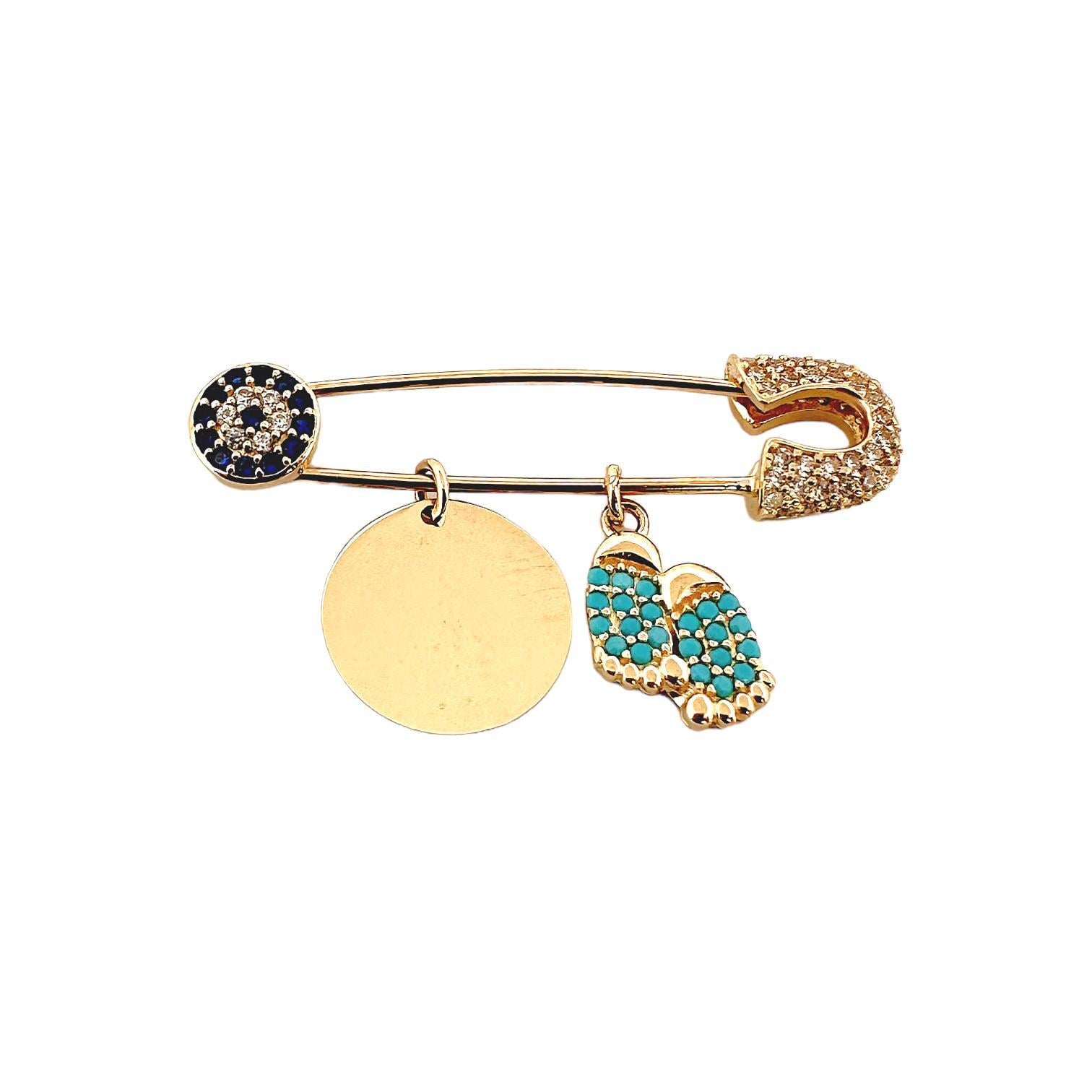 Altın Nesil - 14 Ayar Bebek Ayağı Detaylı Levha Bebek İğnesi Mavi