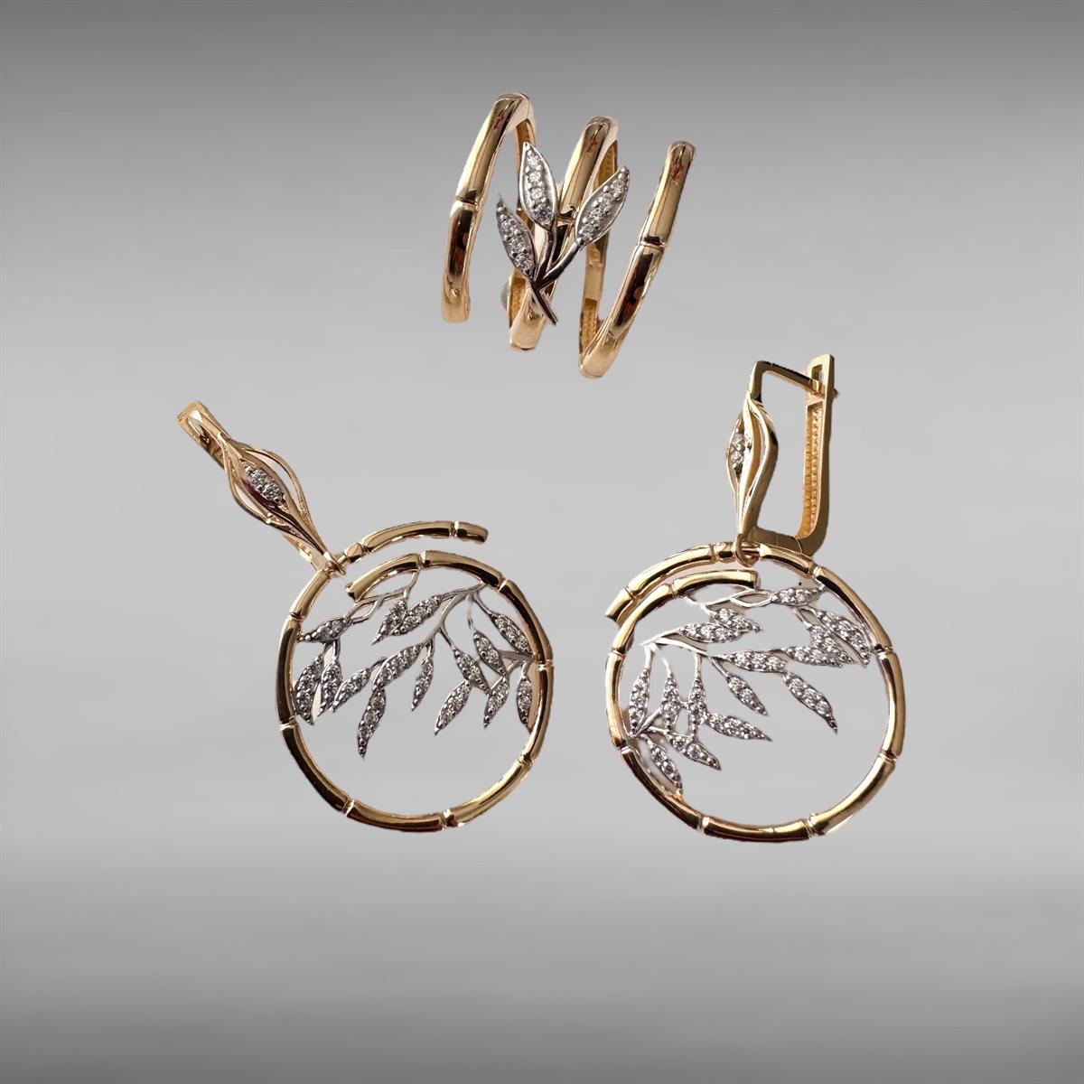 Tasarım Taşlı Dal Model 14 Ayar Altın Yüzük Küpe Set 