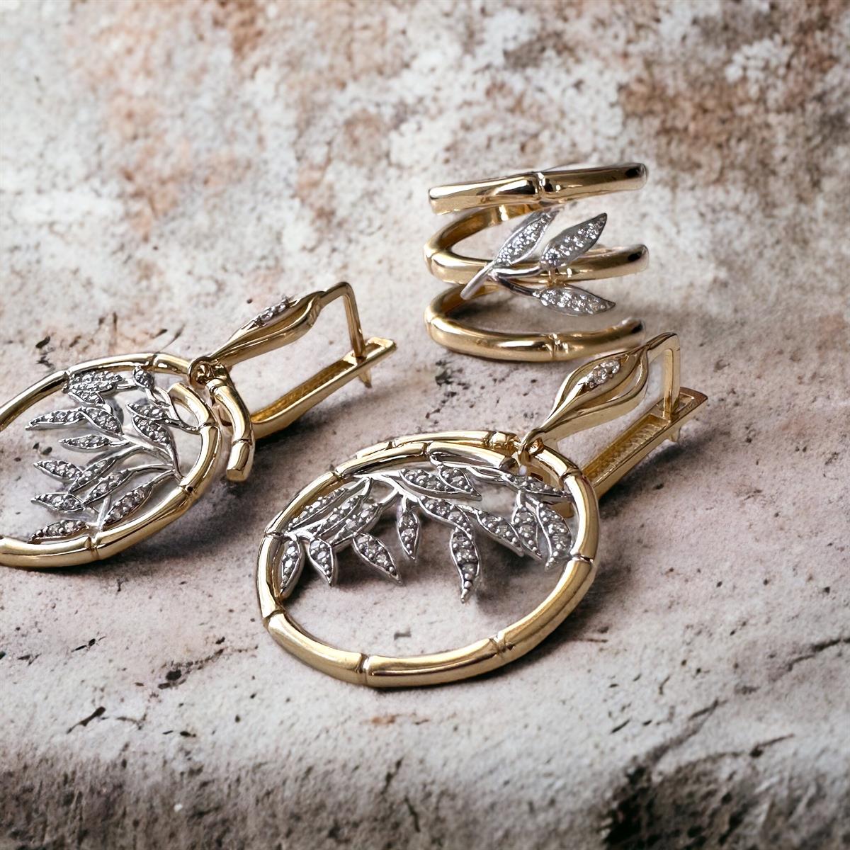 Tasarım Taşlı Dal Model 14 Ayar Altın Yüzük Küpe Set 