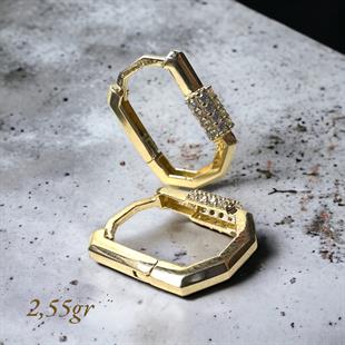 14 Ayar Taşlı Köşeli Model Tasarım Altın Küpe