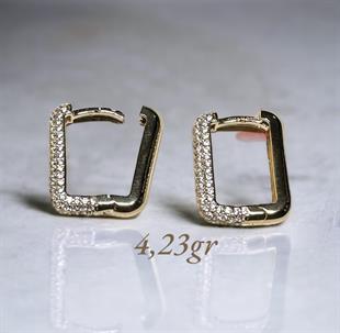 14 Ayar Taşlı Tasarım Kare Model Altın Küpe 