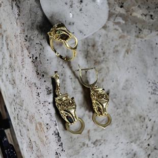 14 Ayar Tiger Model Altın Yüzük Küpe Set 