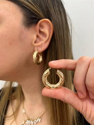 Altın Nesil - 14 Ayar Altın Kalın Çift Çizgi Detaylı Büyük Halka Küpe