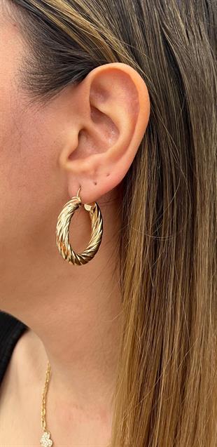 Altın Nesil - 14 Ayar Altın Kalın Çizgi Detaylı  Büyük Halka Küpe