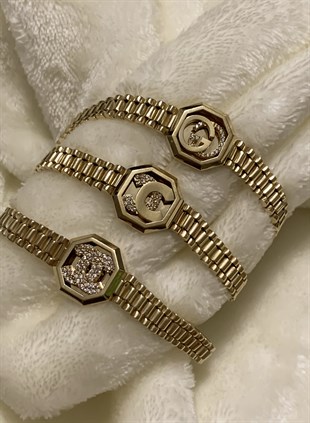 Kordonlu Taşlı Chanel Model Altın Bileklik