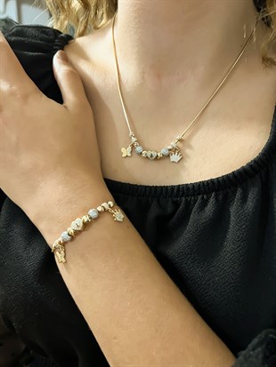 Pandora Model Taçlı Ve Kelebek Çanlı Altın Set 