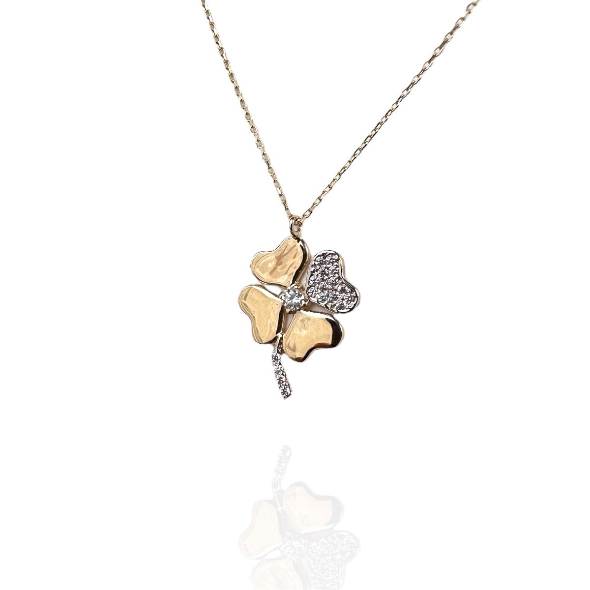 14 Ayar Altın Taşlı Yonca Model Tasarım Kolye