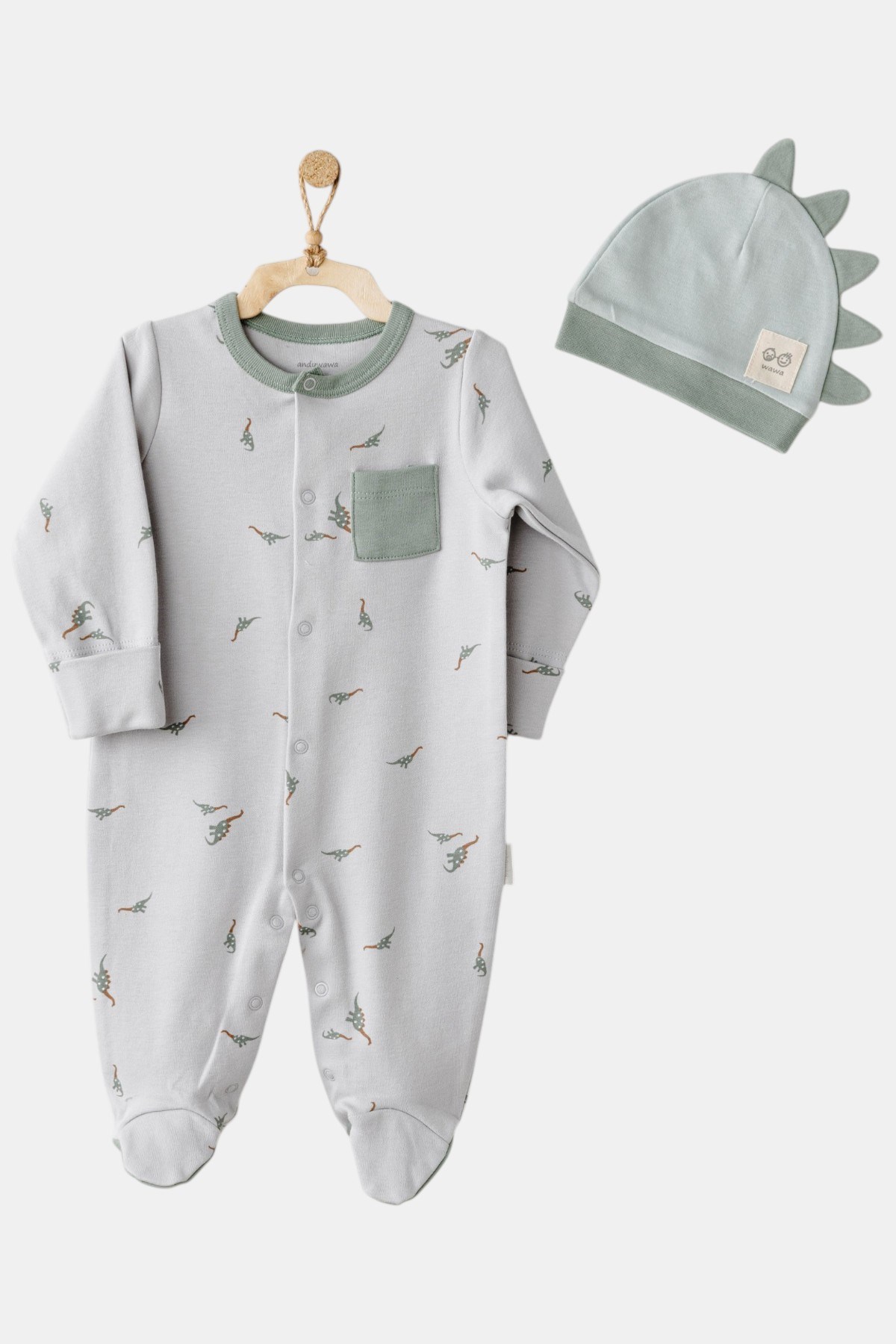 Andywawa Erkek Bebek 0-9 Ay Dinazorlu  Romper Şapka Set Yeşil