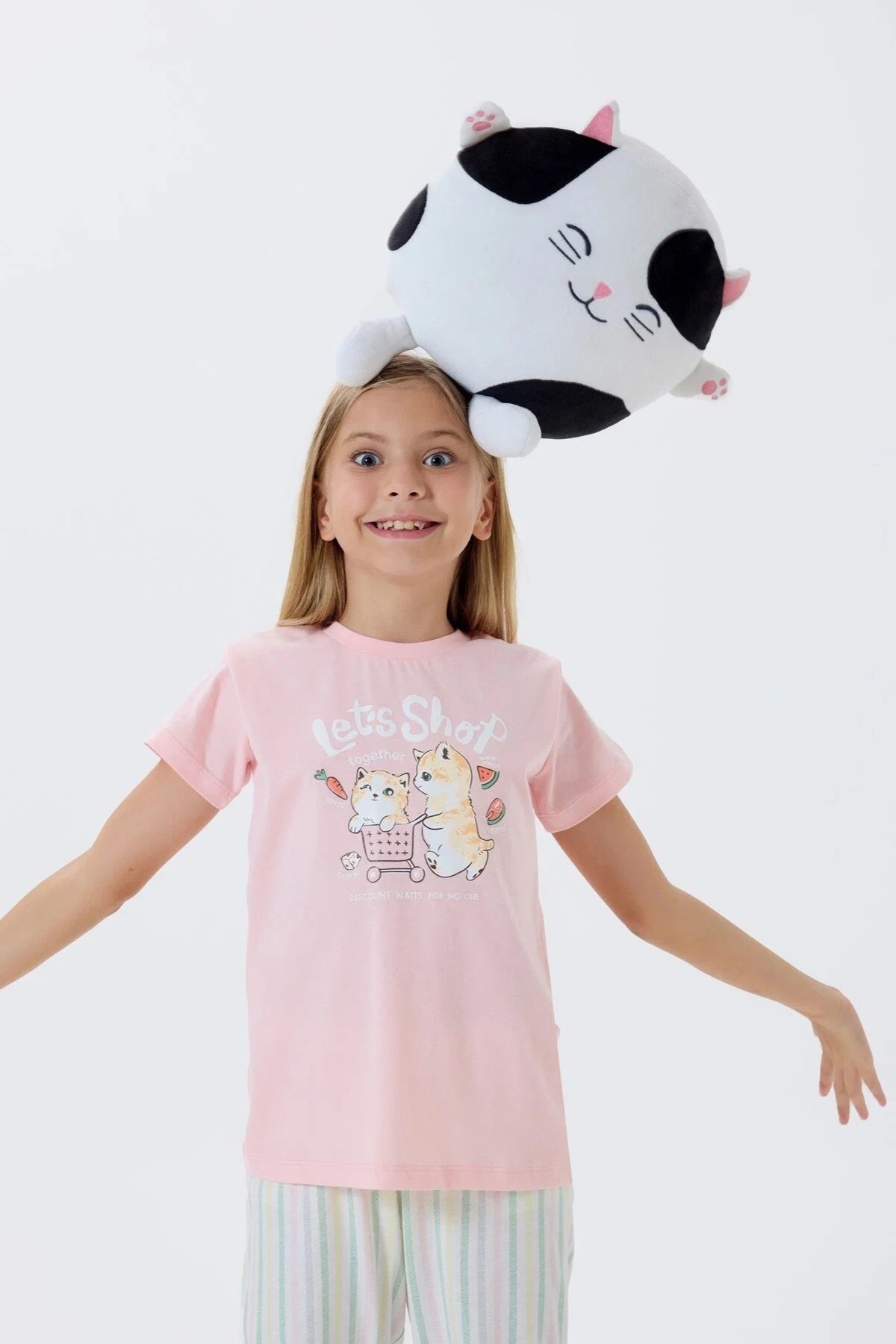 Arnetta Kız Çocuk 2-14 Yaş Kedi Baskılı Kısa Kol Pijama Takımı Pembe