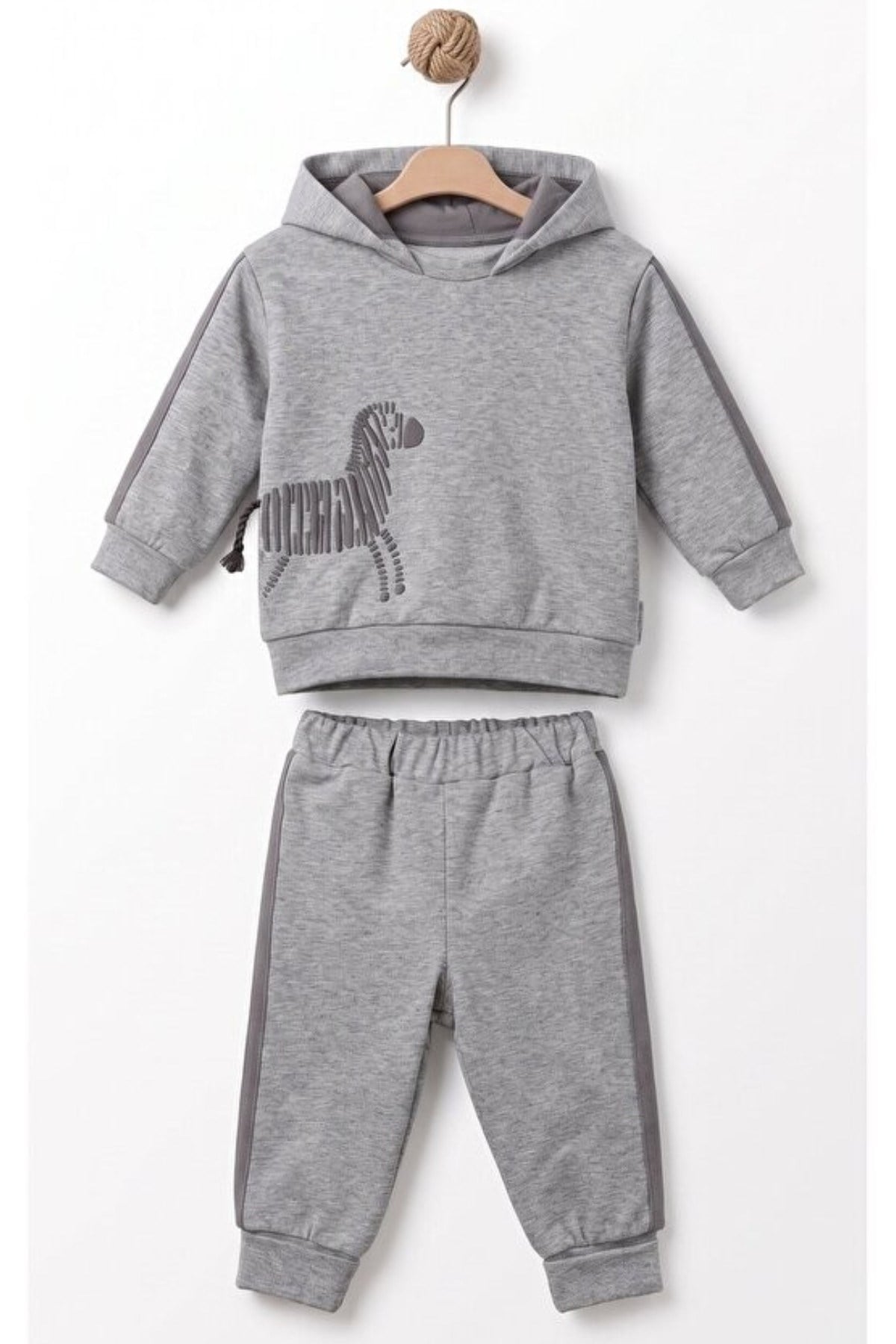 BabyCosy Erkek Bebek 3-24 Ay Zebra Desenli Kapüşonlu Eşofman Takımı Gri