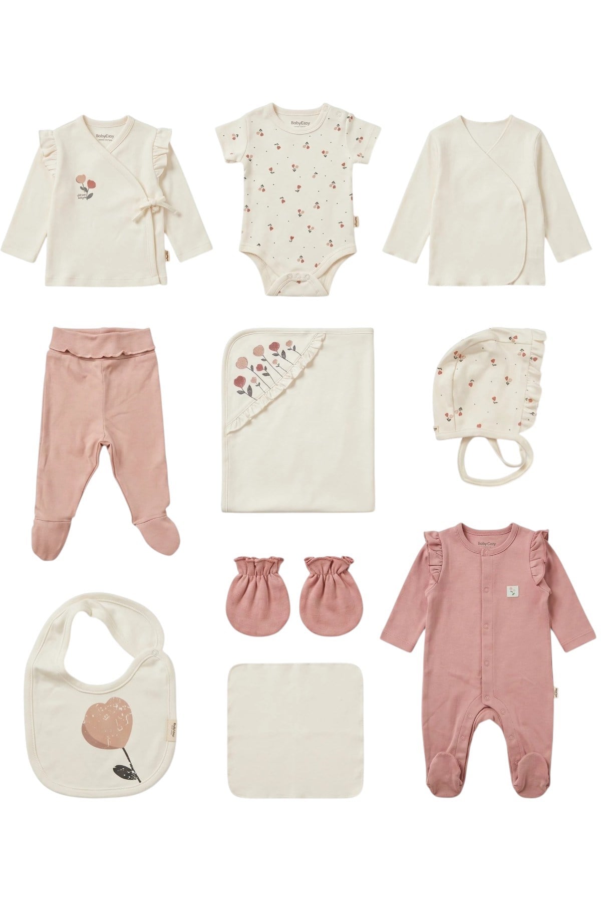 BabyCosy Kız Bebek %100 Organik Pamuk 10'lu Hastane Çıkış Seti Ekru