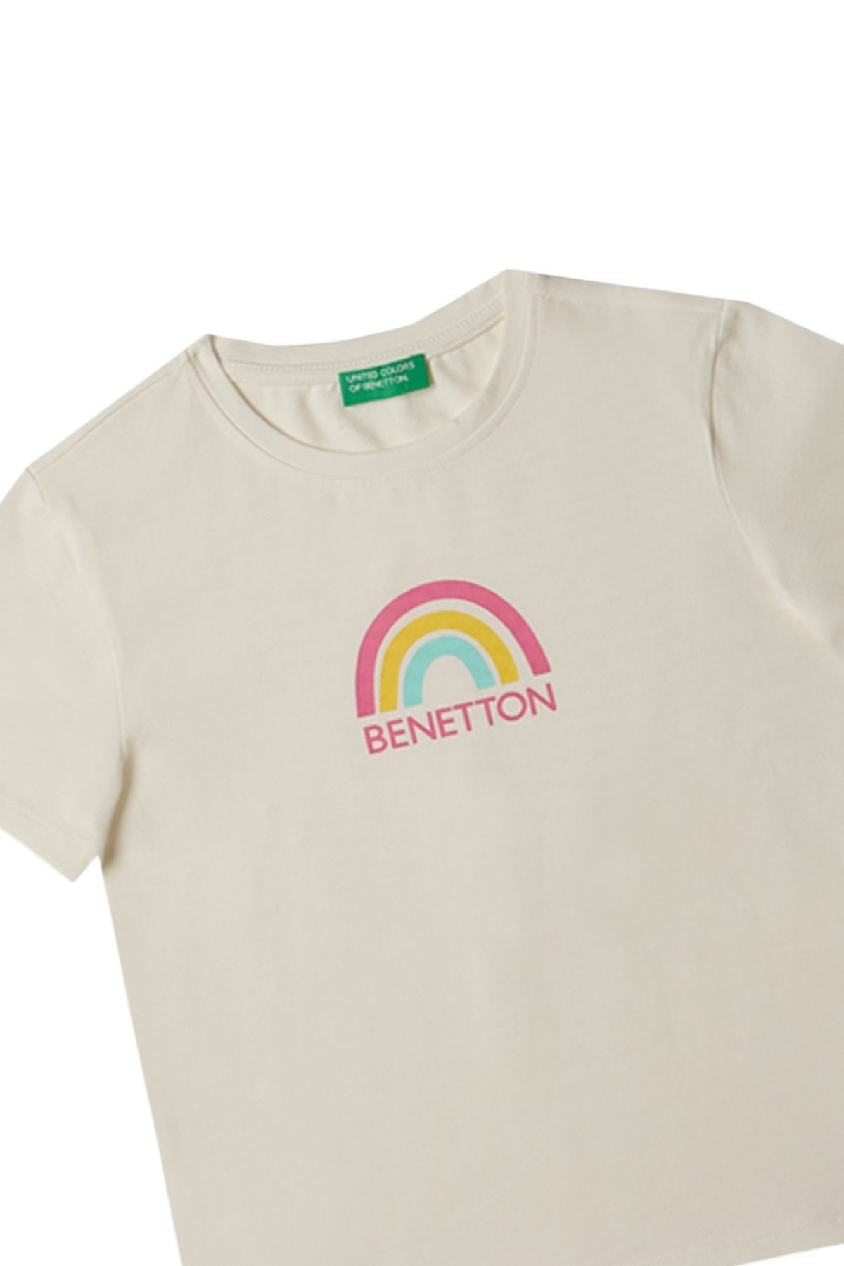 Benetton 4-14 Yaş Kız Çocuk  Gökkuşağı Baskılı Kısa Kol T-Shirt Beyaz