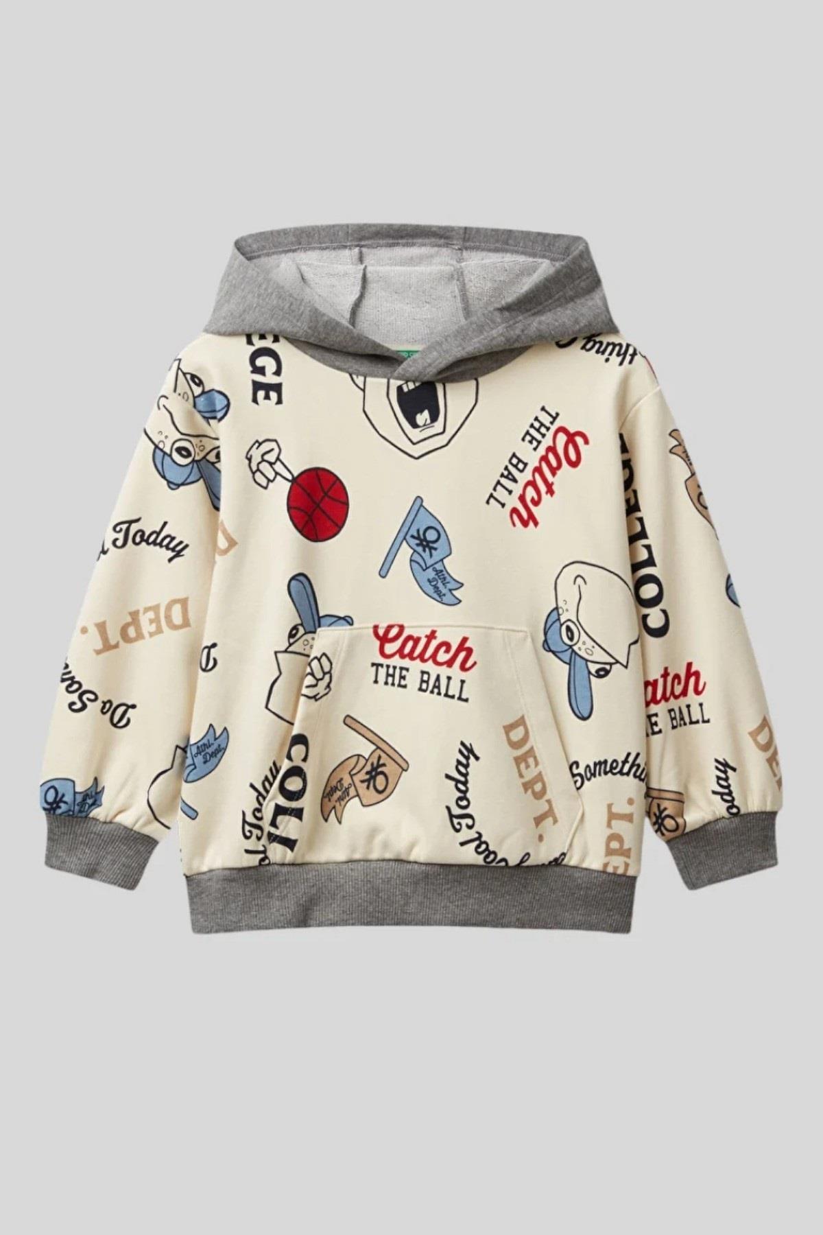 Benetton Erkek Bebek 1-6 Yaş Baskılı Kanguru Cep Sweatshirt Krem