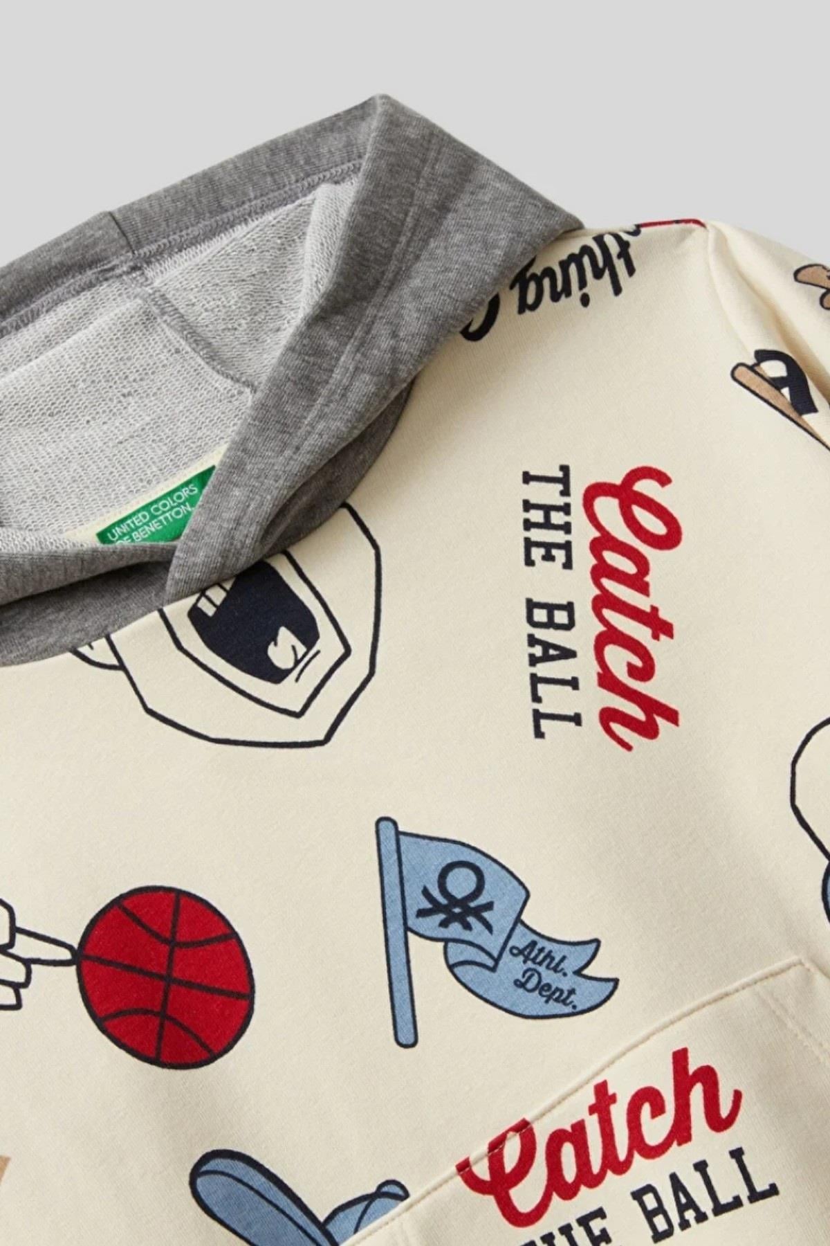 Benetton Erkek Bebek 1-6 Yaş Baskılı Kanguru Cep Sweatshirt Krem