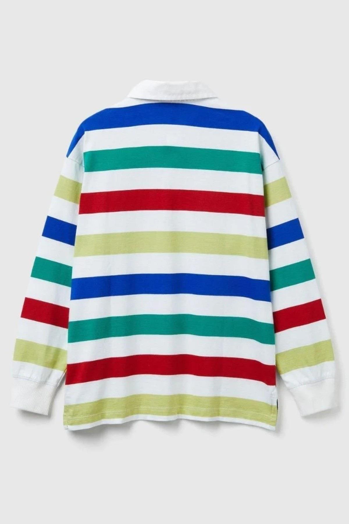 Benetton Erkek Bebek 1-6 Yaş Çizgili Polo Yaka Uzunkol T-Shirt Beyaz