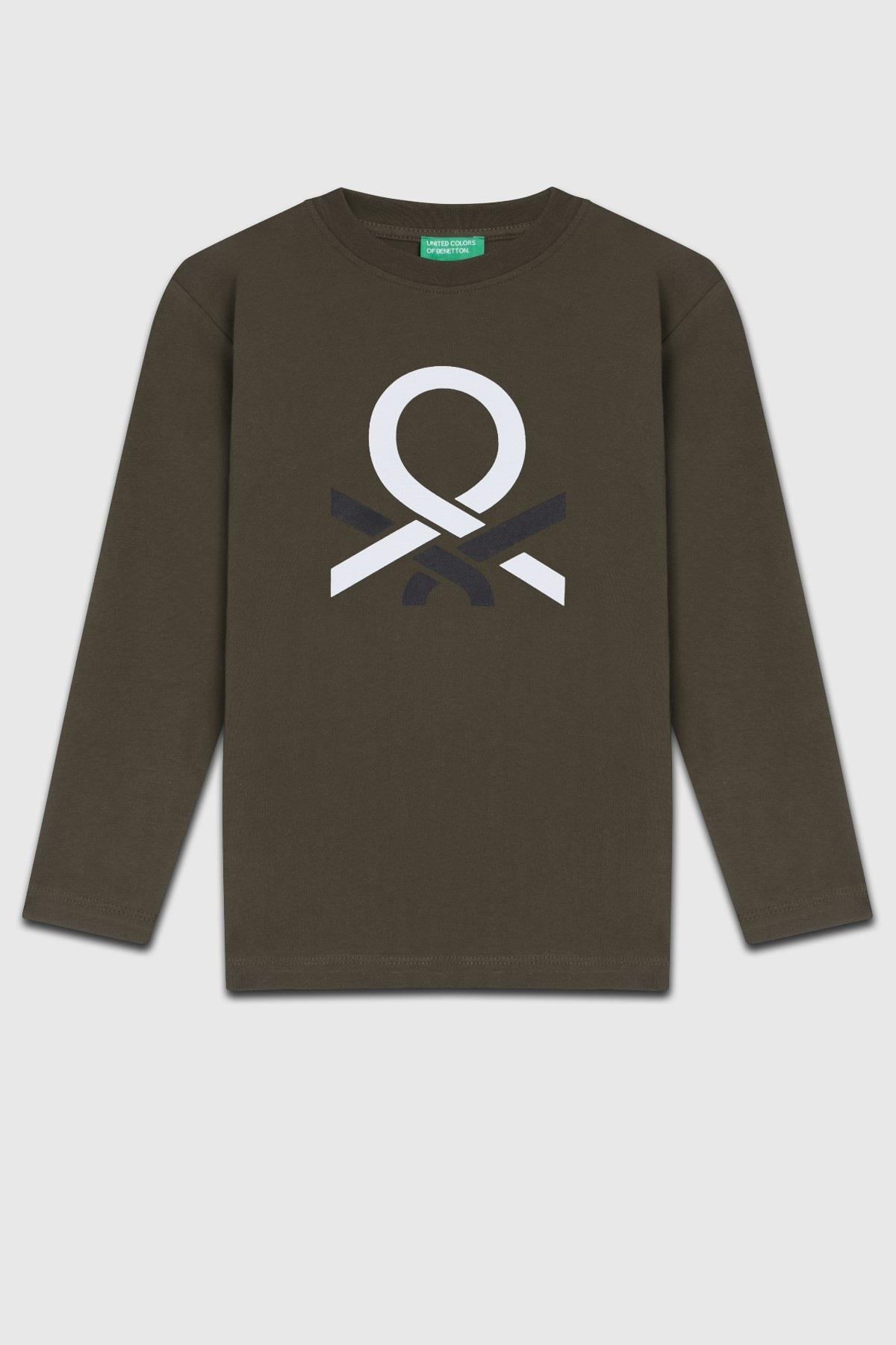 Benetton Erkek Çocuk 4-14 Yaş Logo Baskılı Uzun Kol T-shirt Haki