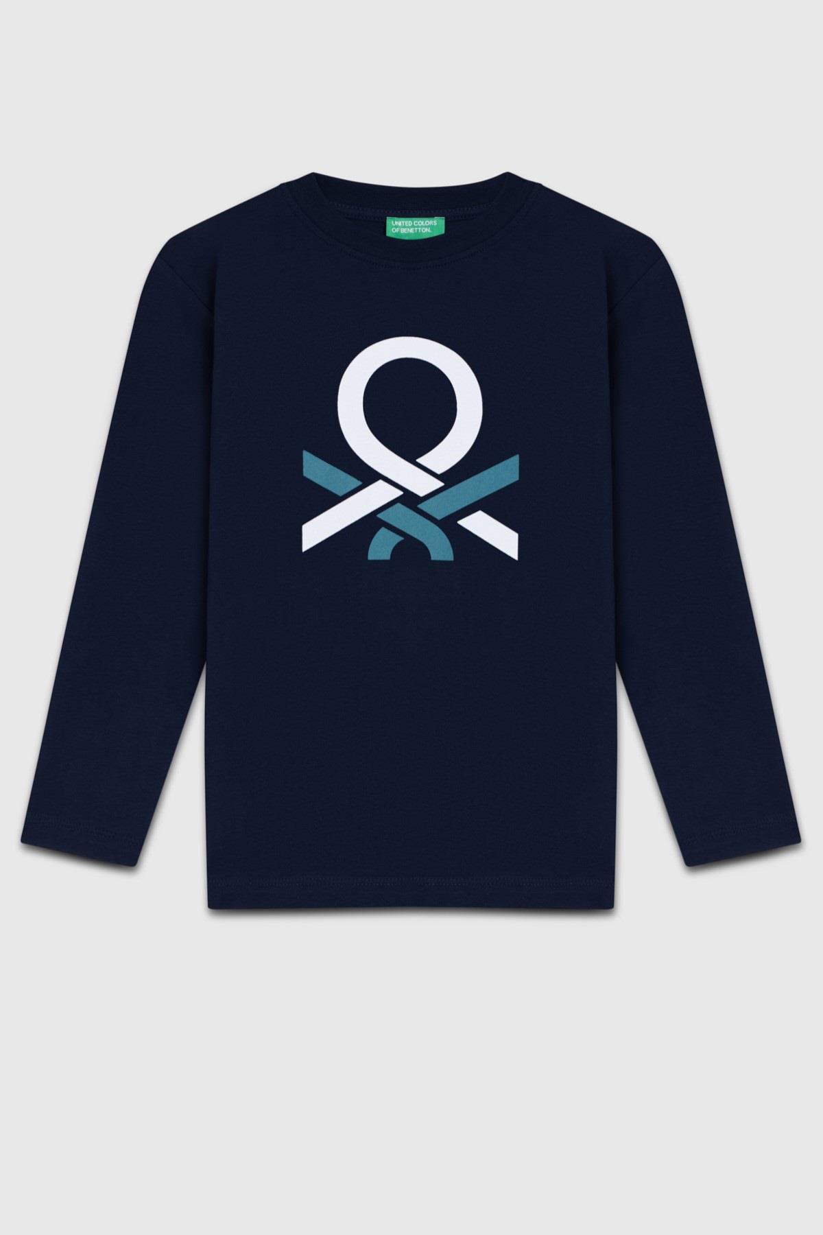 Benetton Erkek Çocuk 4-14 Yaş Logo Baskılı Uzun Kol T-shirt Lacivert