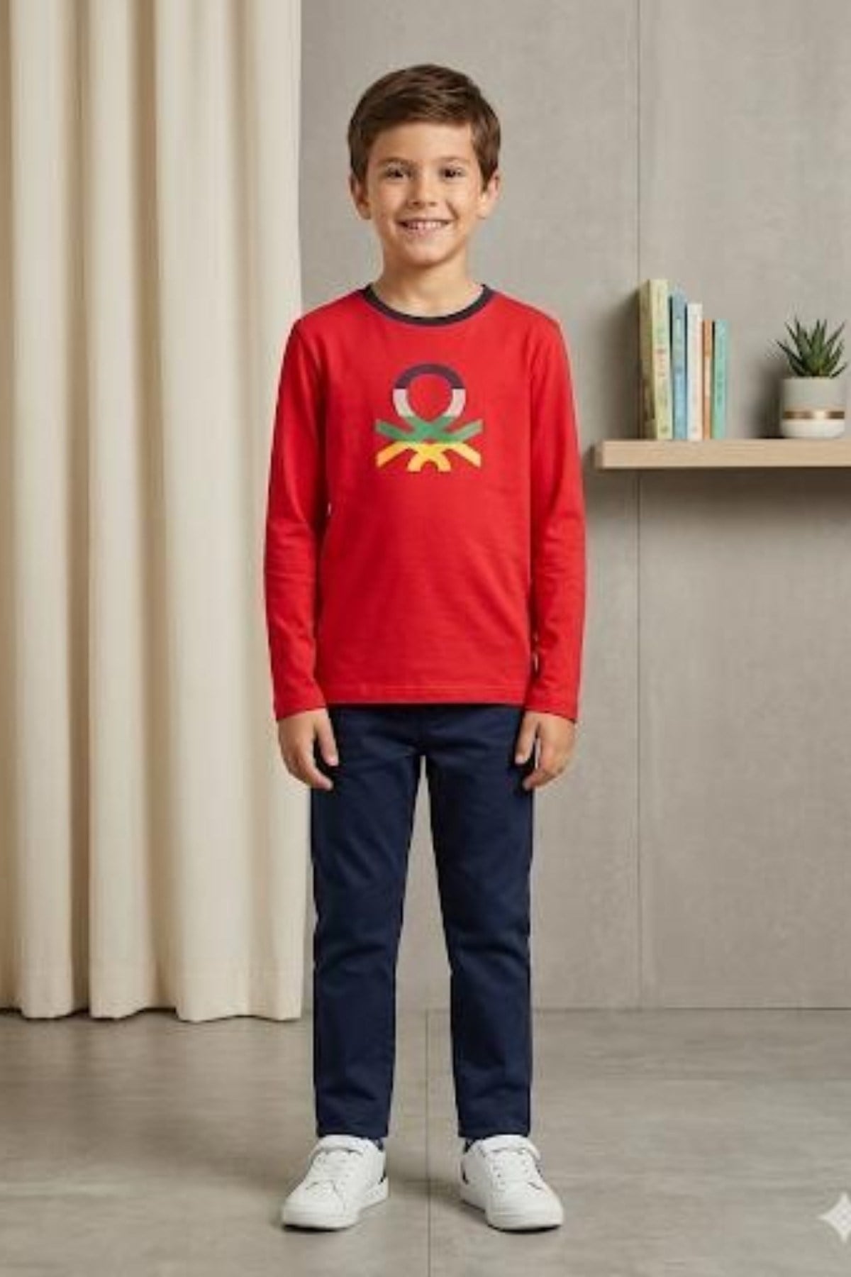 Benetton Erkek Çocuk Logo Baskılı Uzun Kol T-Shirt Kırmızı