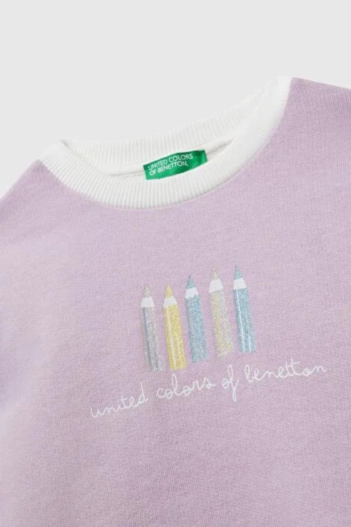 Benetton Kız Bebek 1-6 Yaş Baskılı Bisiklet Yaka Sweatshirt Lila