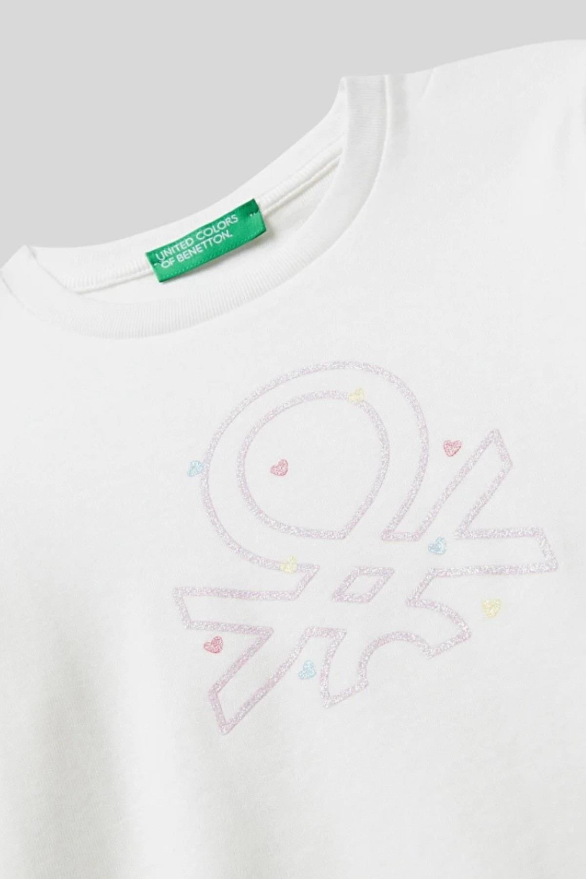 Benetton Kız Bebek 1-6 Yaş Logo Baskılı Uzunkol T-Shirt Ekru