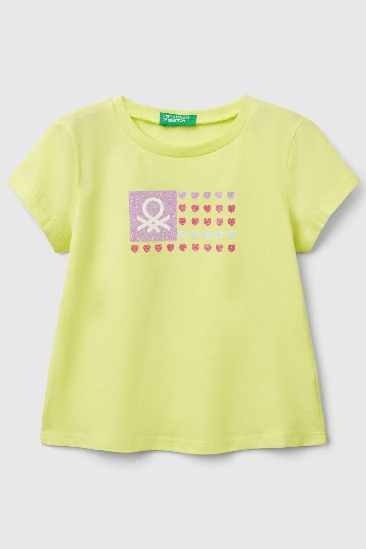 Benetton Kız Bebek 1-6 Yaş Logo Baskılı Kısa Kol T-shirt Neon Sarı