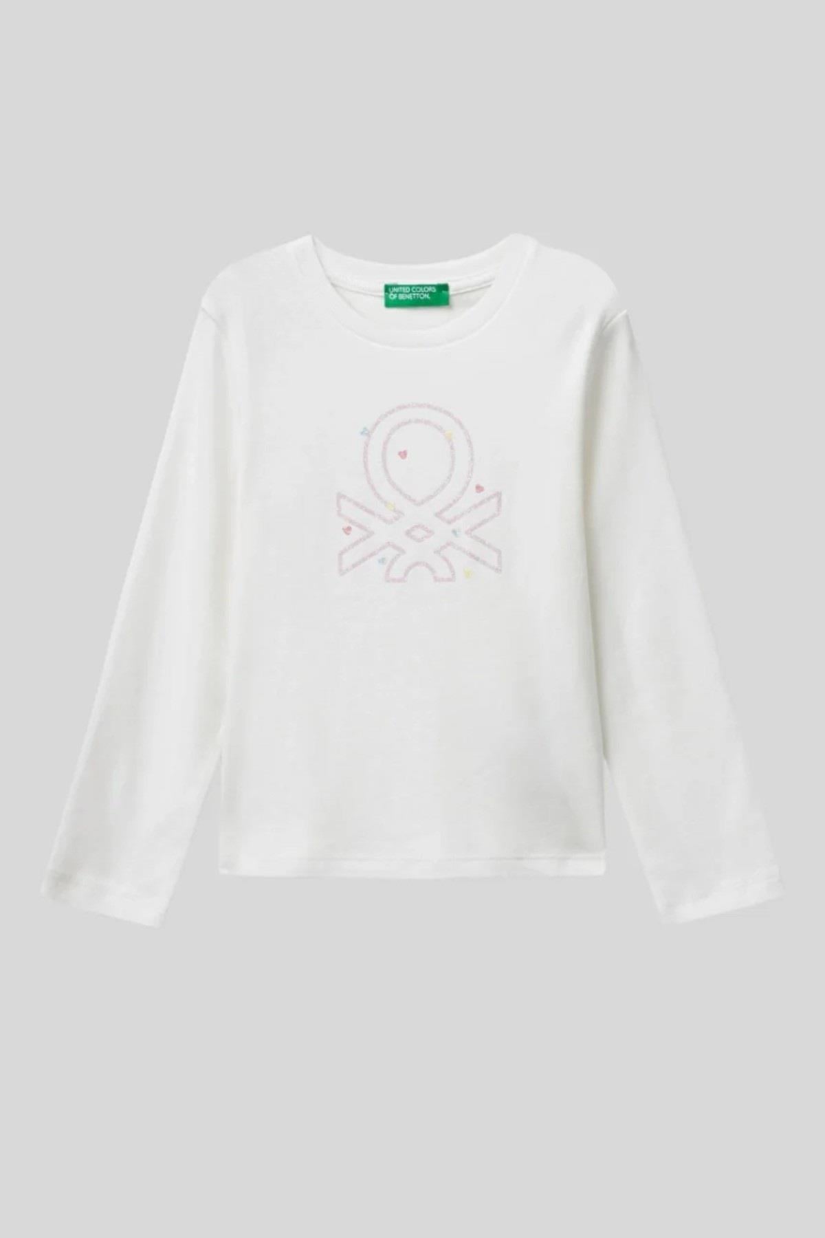 Benetton Kız Bebek 1-6 Yaş Logo Baskılı Uzunkol T-Shirt Ekru